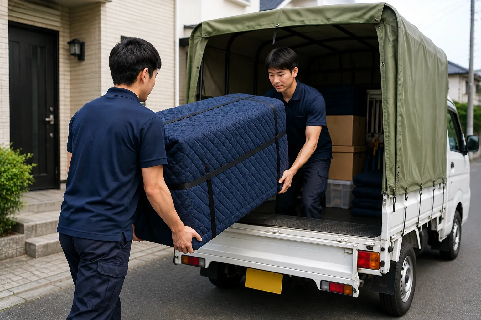 軽トラックへ養生した家財を積み込むスタッフ2名
